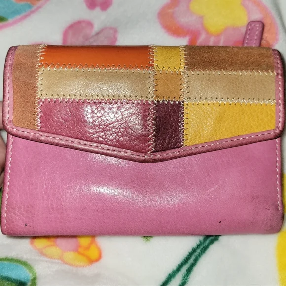 Vintage Fossil Pink Leather Patchwork Front Tri-fold - Picture 1 of 10
